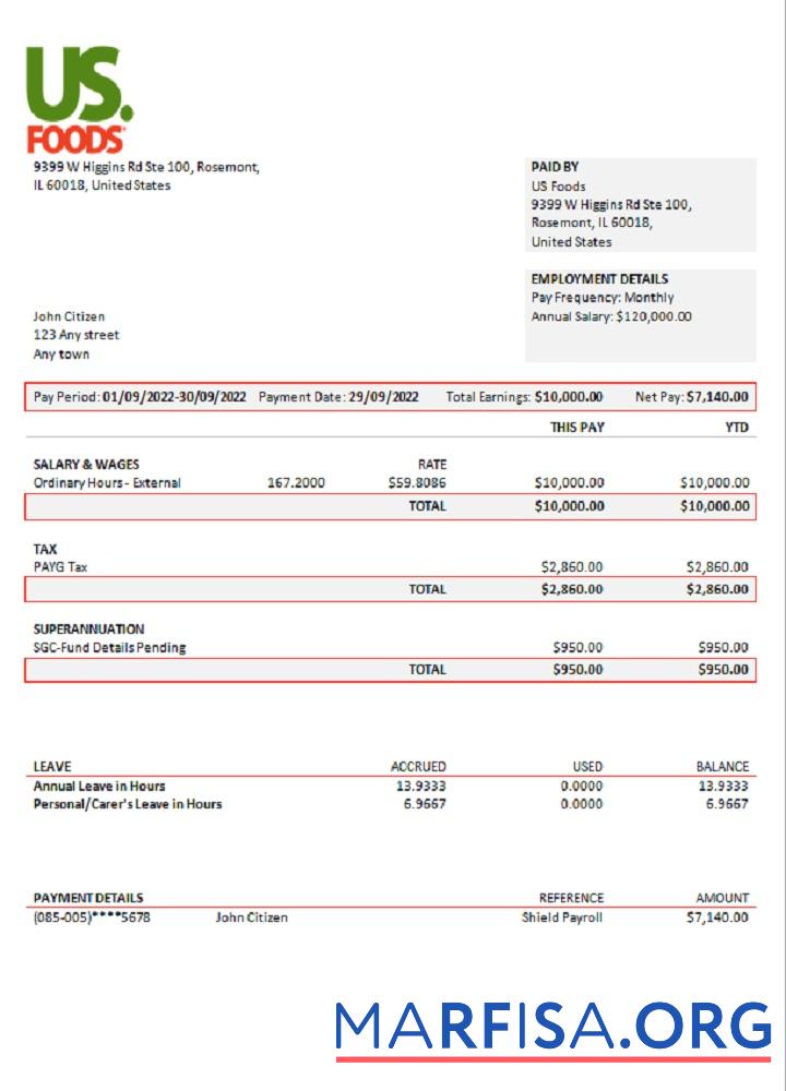 Realistic USA US Foods food distribution company pay stub download for verification